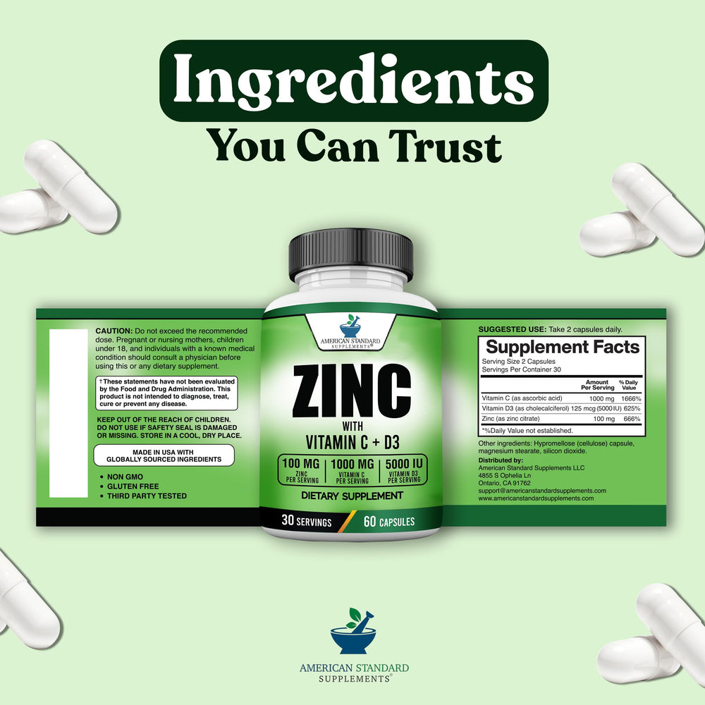 American Standard Supplements dosage card beside capsules for easy daily use.
