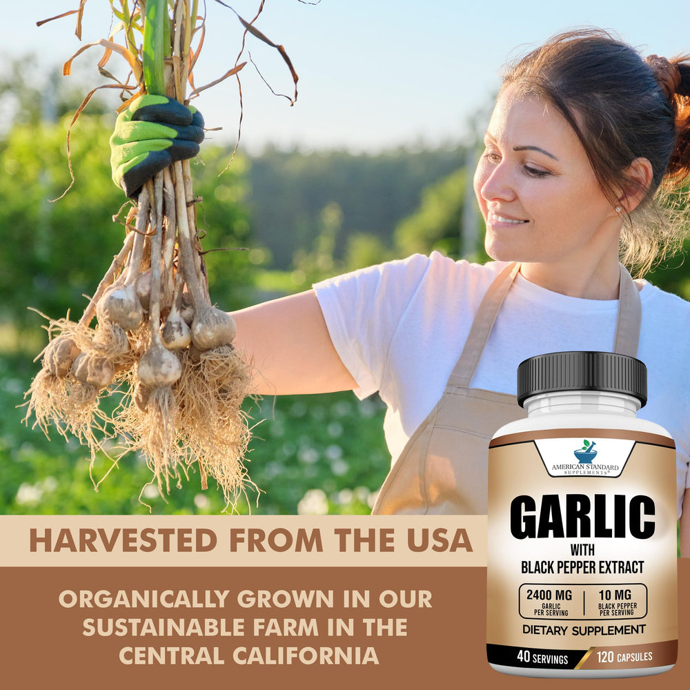 USA-made facility label on garlic supplement bottle indicating quality.