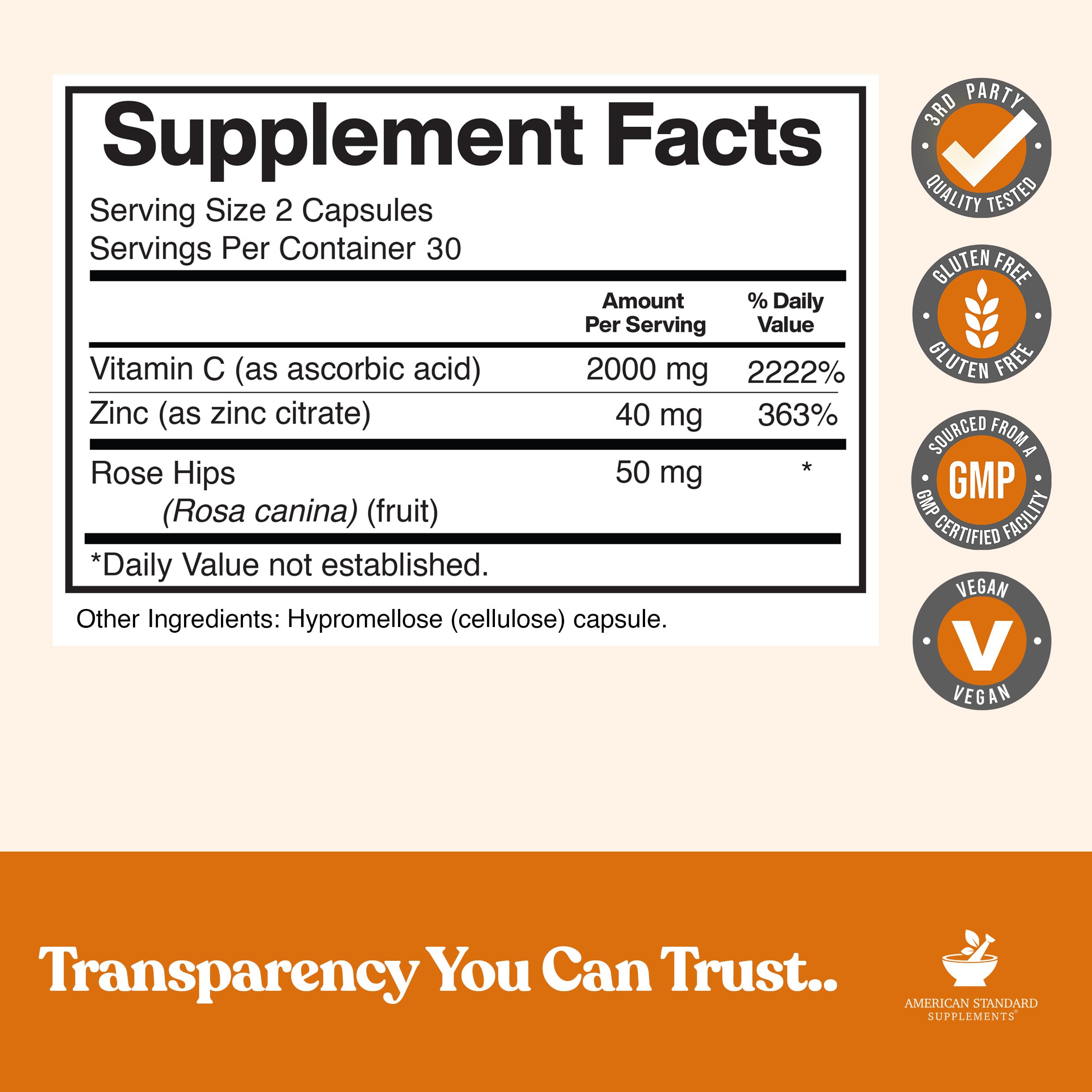 Close-up label shows Zinc 40mg per serving for American Standard