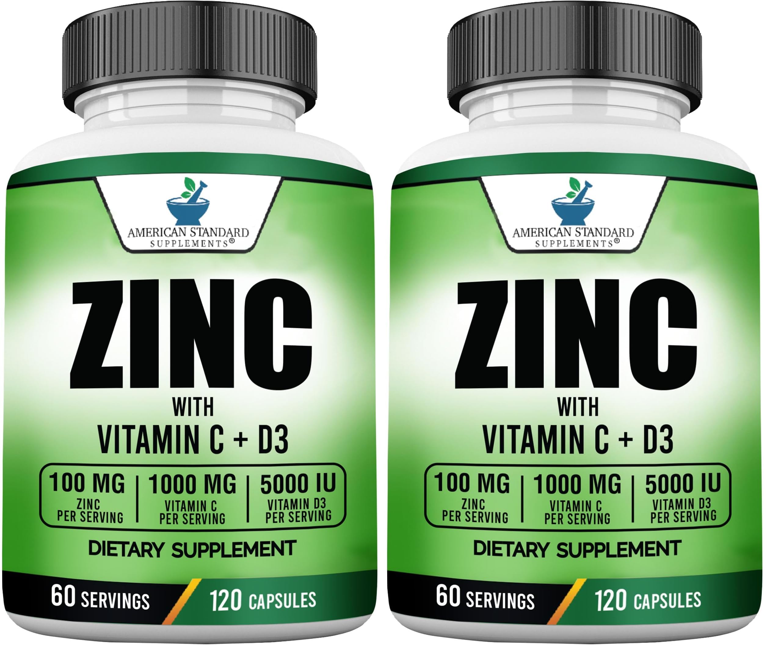 American Standard Supplements zinc bottle showing 100 mg per serving for immune support