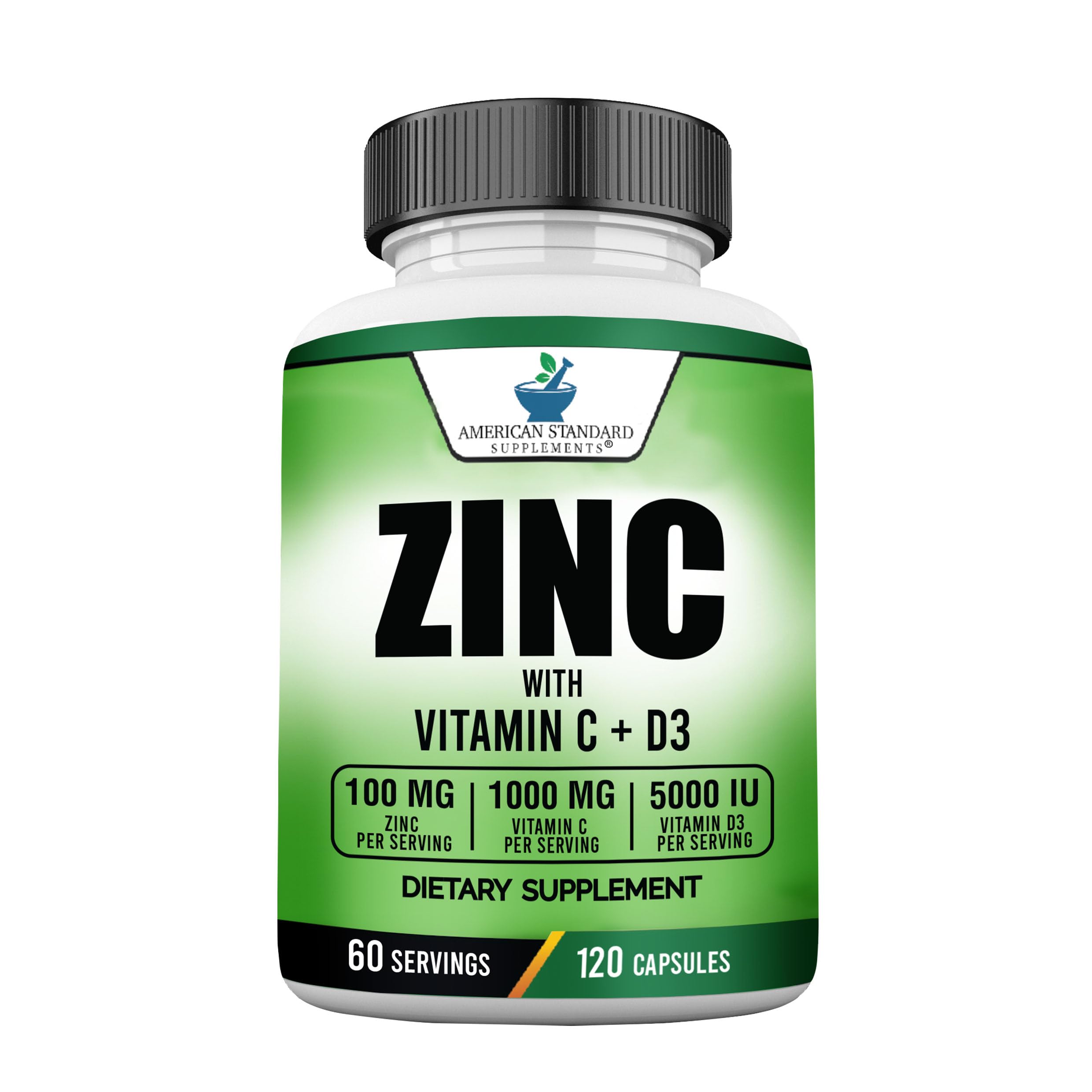American Standard Supplements zinc-c-d3 bottle front showing a 60-day supply for daily wellness.
