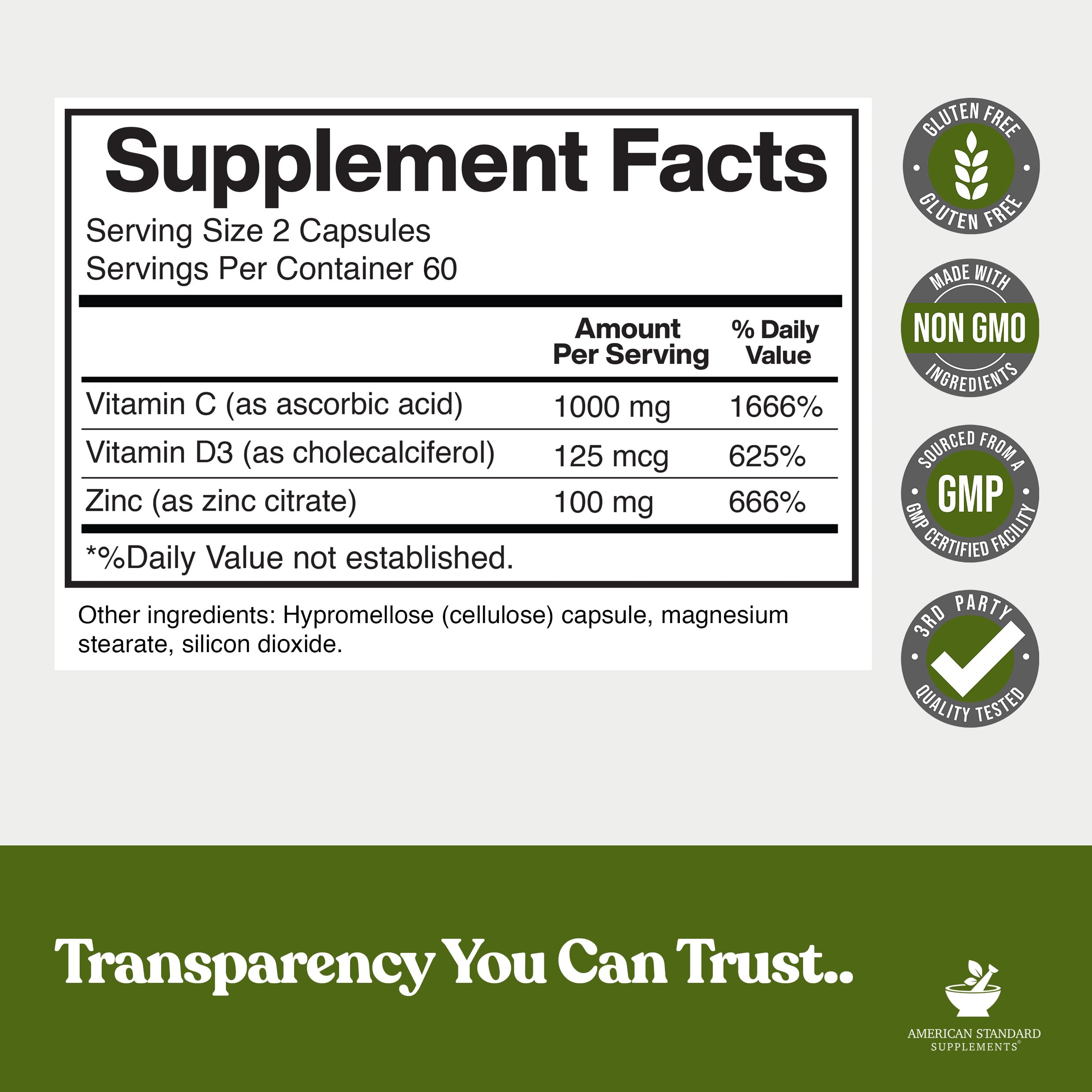 American Standard Supplements zinc-c-d3 bottle label reveals ingredient details and dosage.