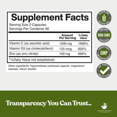 American Standard Supplements zinc-c-d3 bottle label reveals ingredient details and dosage.