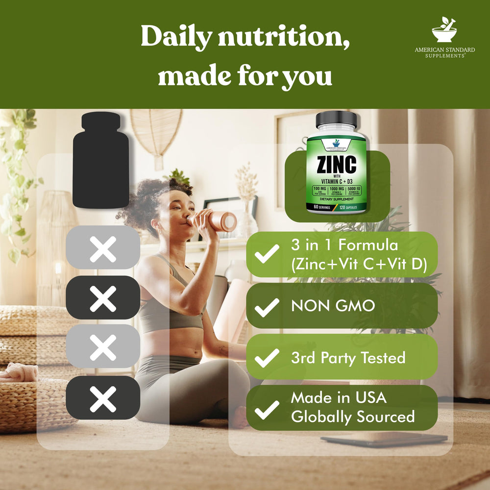 American Standard Supplements zinc-c-d3 bottle with glass of water for daily consumption.