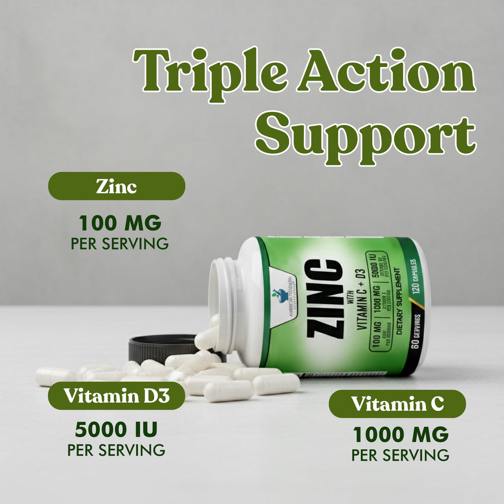 American Standard Supplements zinc-c-d3 capsules inside bottle for easy daily intake.