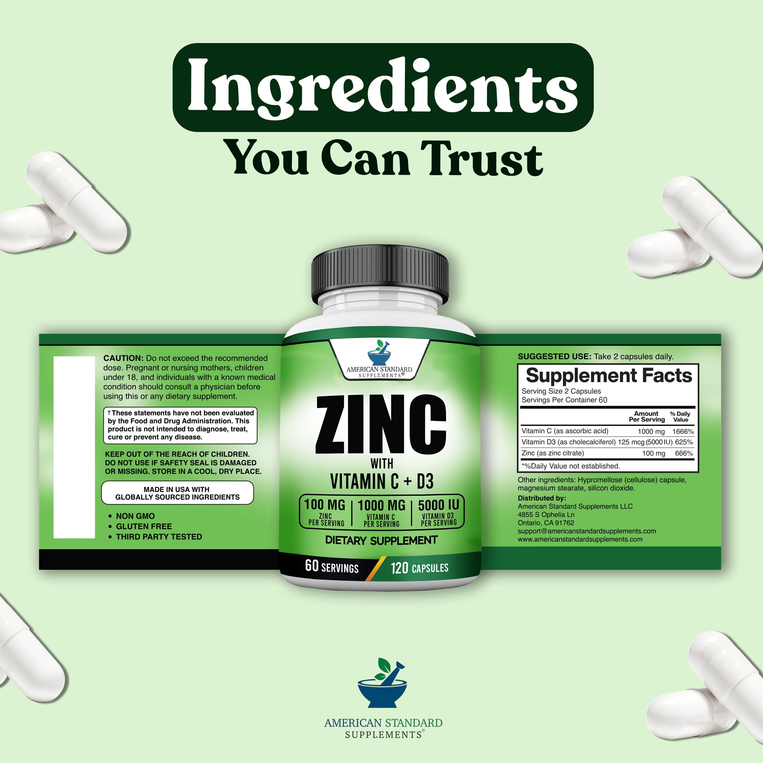 American Standard Supplements zinc-c-d3 dosage panel shows per-serving amounts for daily use.