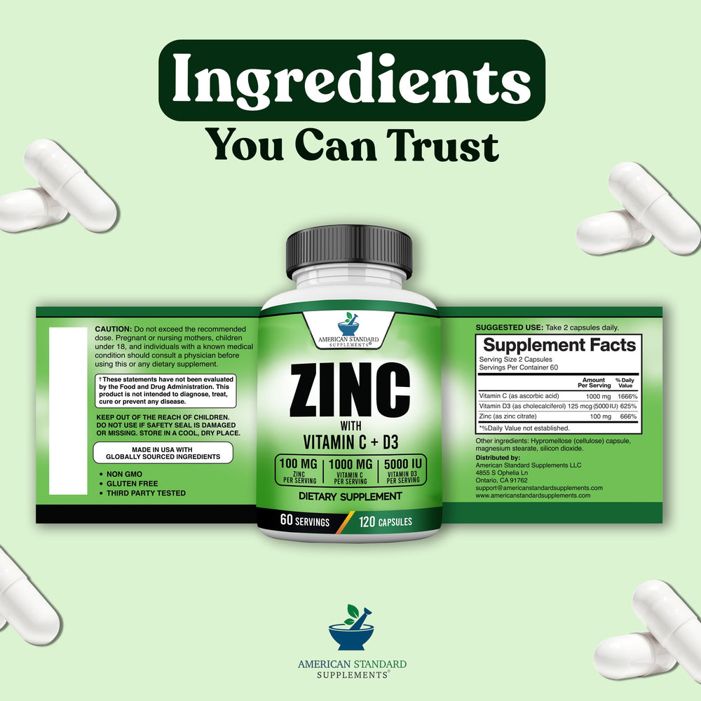 American Standard Supplements zinc-c-d3 dosage panel shows per-serving amounts for daily use.