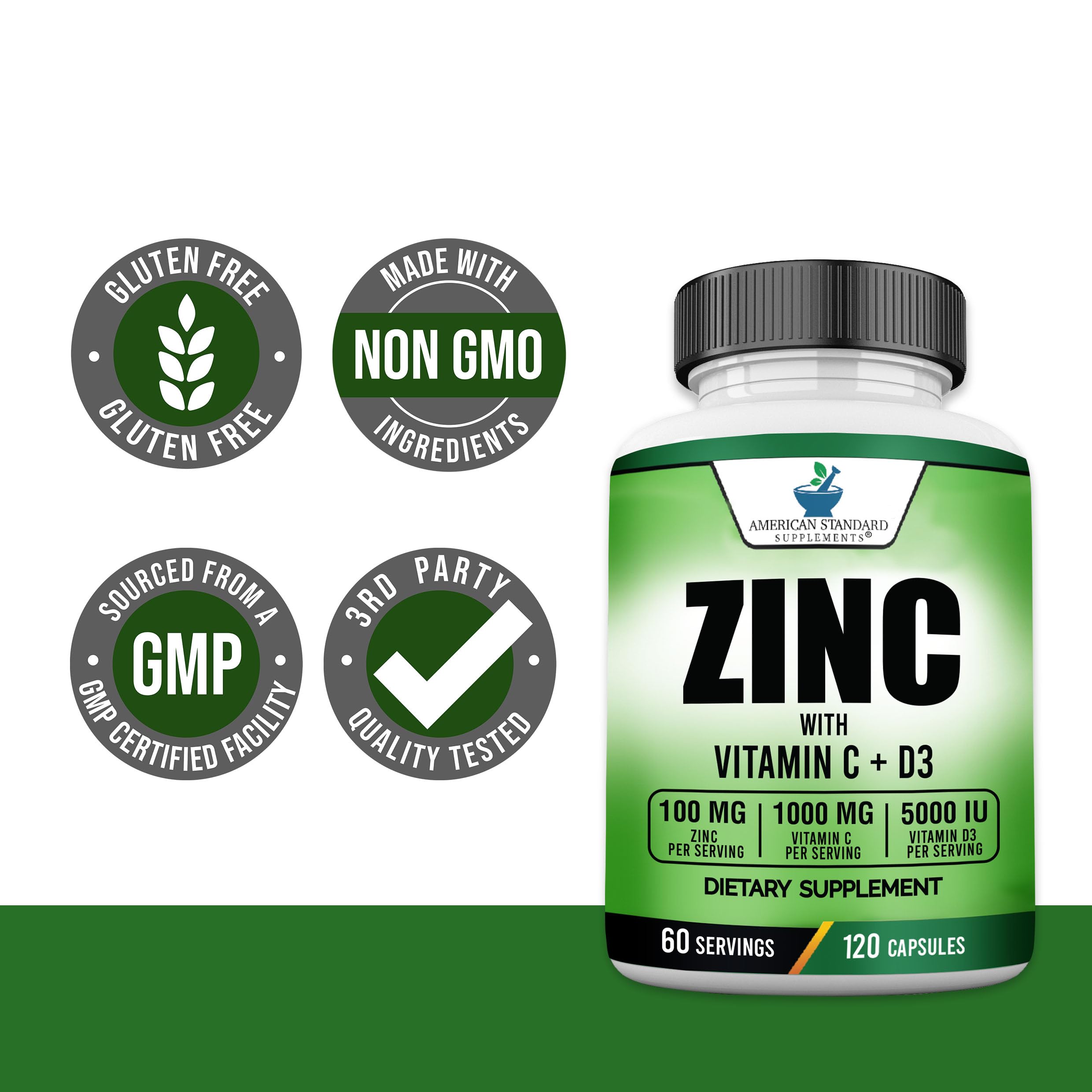 American Standard Supplements zinc-c-d3 packaging on shelf highlighting 60 servings per bottle.