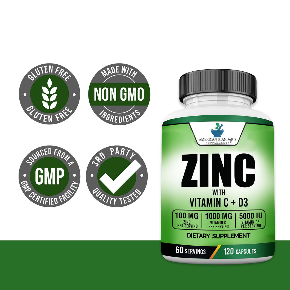 American Standard Supplements zinc-c-d3 packaging on shelf highlighting 60 servings per bottle.