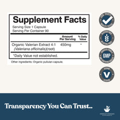 American Standard Valerian capsules close-up emphasizing vegan and non-GMO ingredients