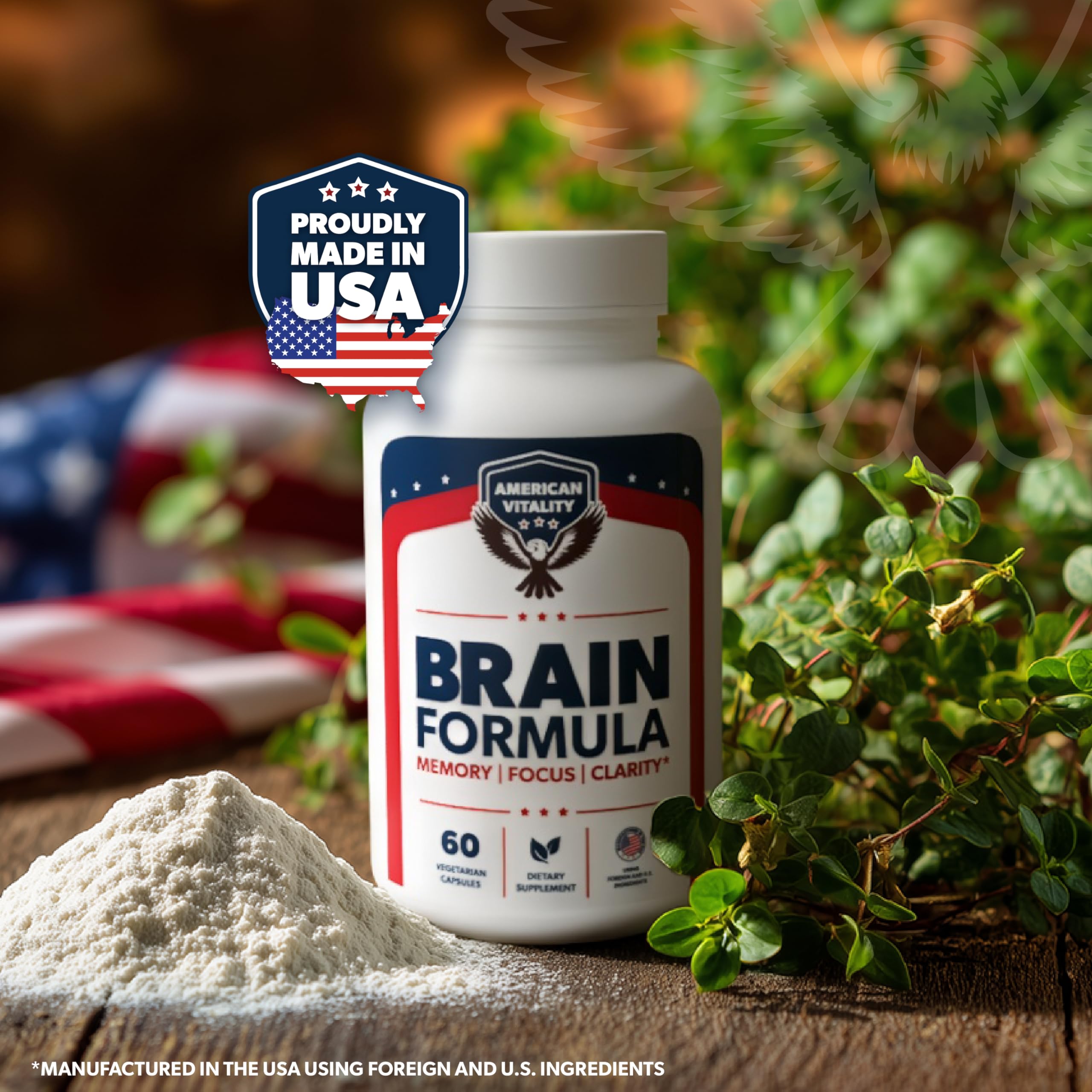 AMERICAN VITALITY Brain Formula capsules pouring for steady daily intake