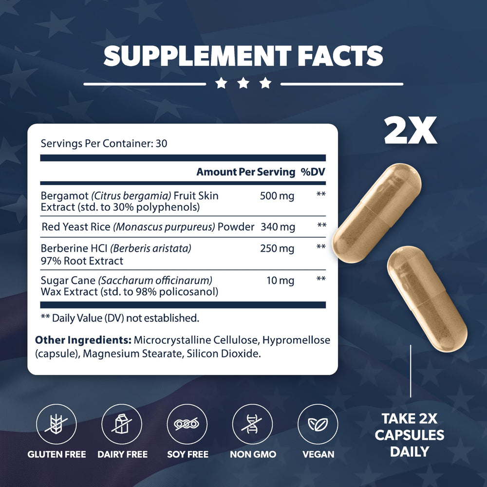 American Vitality Liberty Heart capsules on white background, convenient daily support for lipid metabolism.