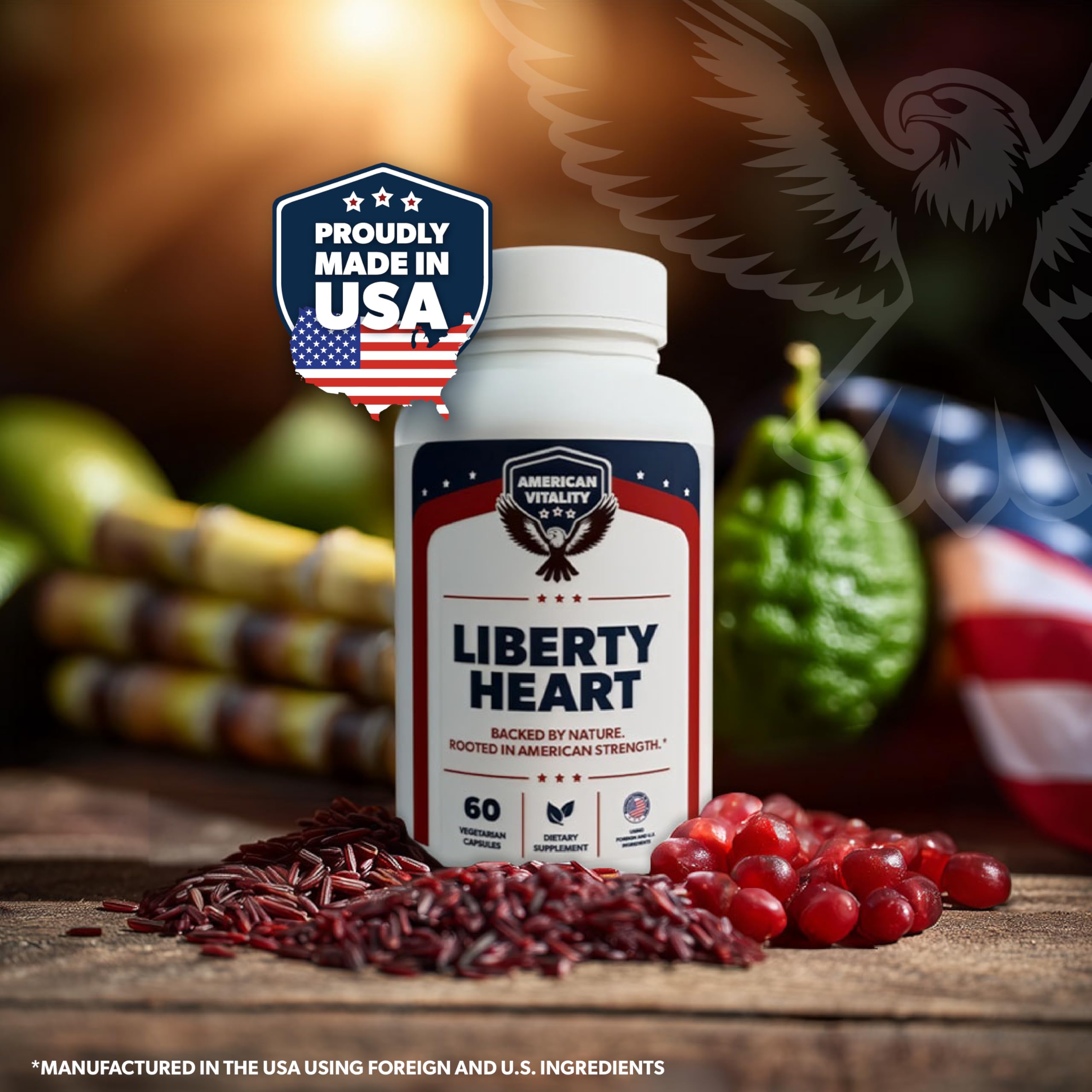 American Vitality Liberty Heart bottle beside a measuring cup, suggesting precise daily dosage.