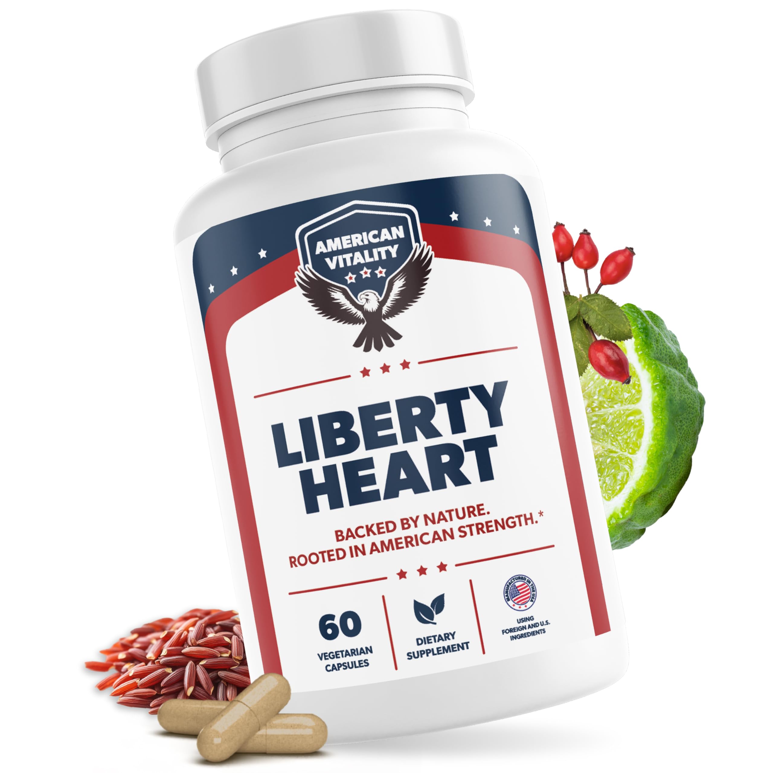 American Vitality Liberty Heart bottle label highlights berberine and bergamot for heart wellness support.