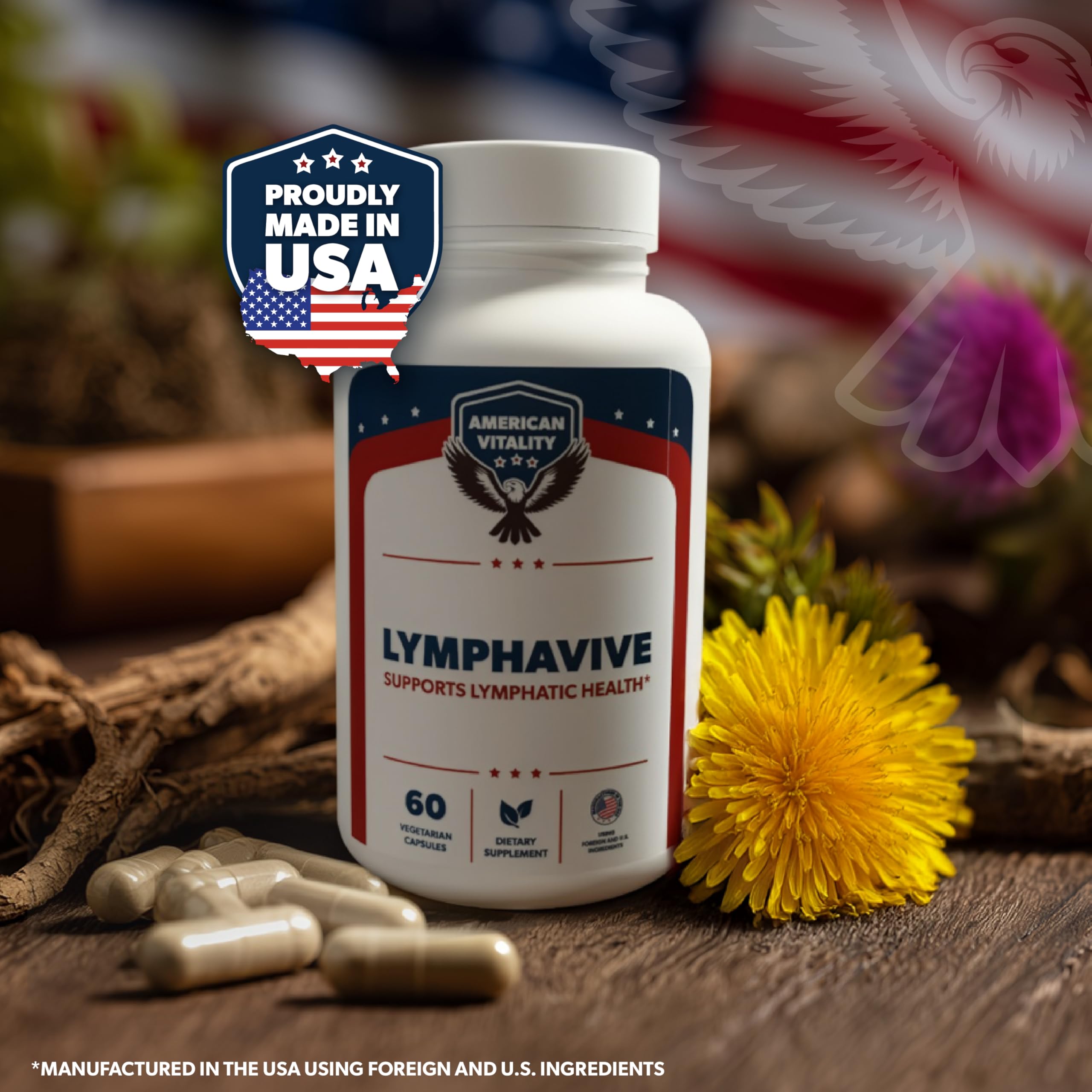 American Vitality LymphaVive ingredients blend showcasing bromelain and dandelion.