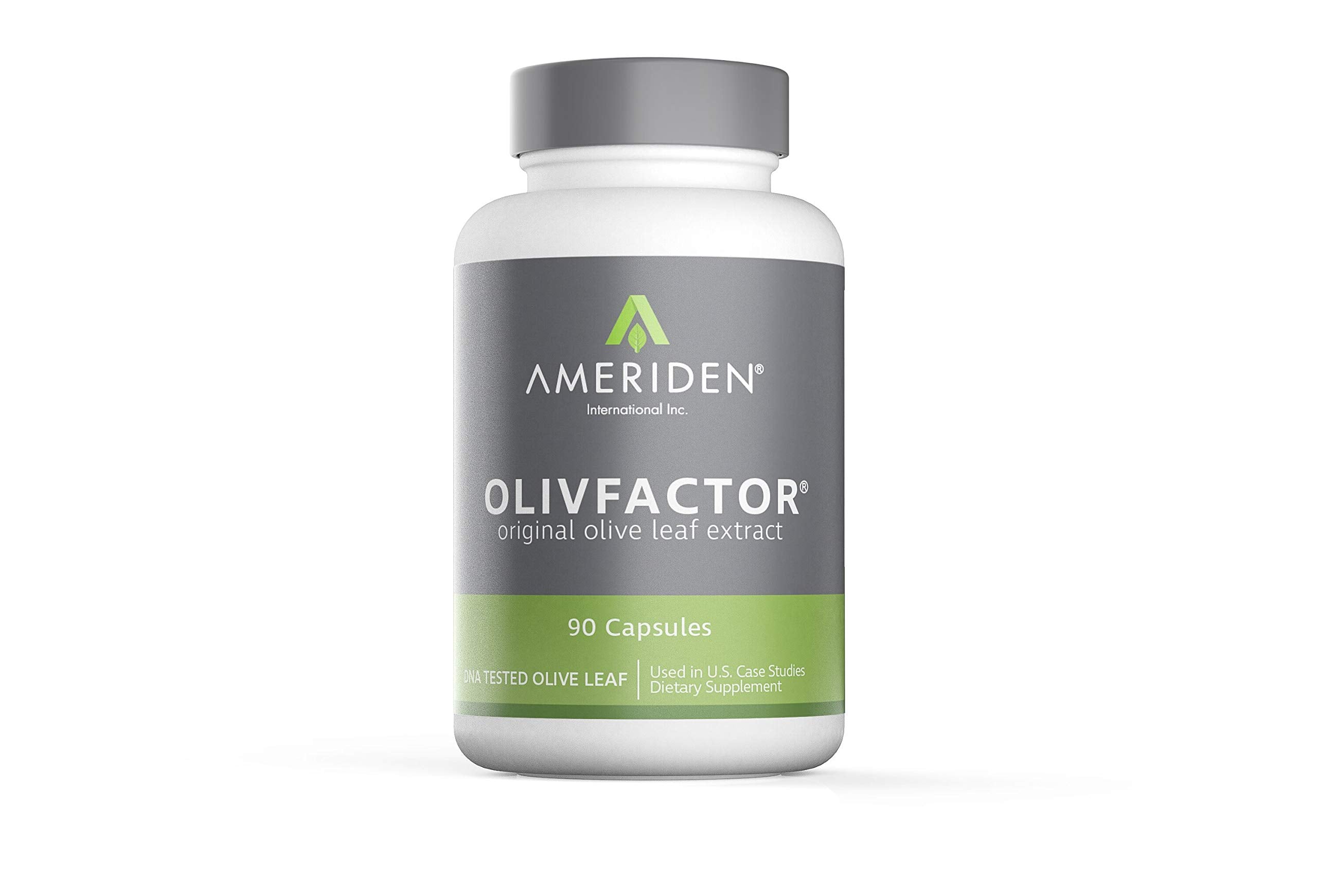AMERIDEN OLIVFACTOR olive leaf extract capsules in a bottle support immune vitality.