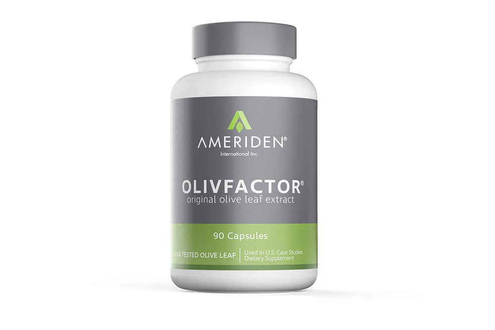 AMERIDEN OLIVFACTOR olive leaf extract capsules in a bottle support immune vitality.