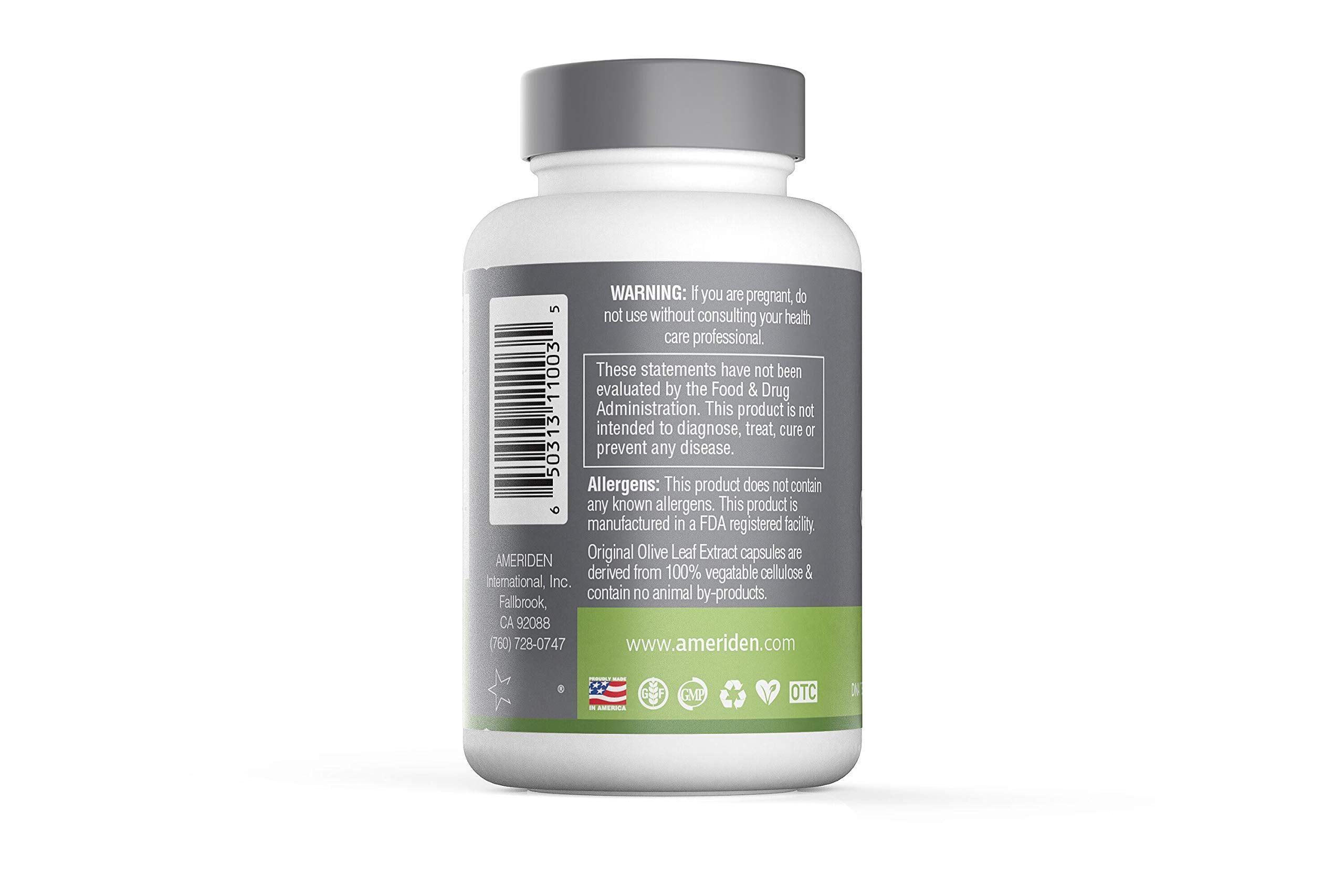 AMERIDEN OLIVFACTOR 20% oleuropein capsules highlight potency and standardized active ingredients.