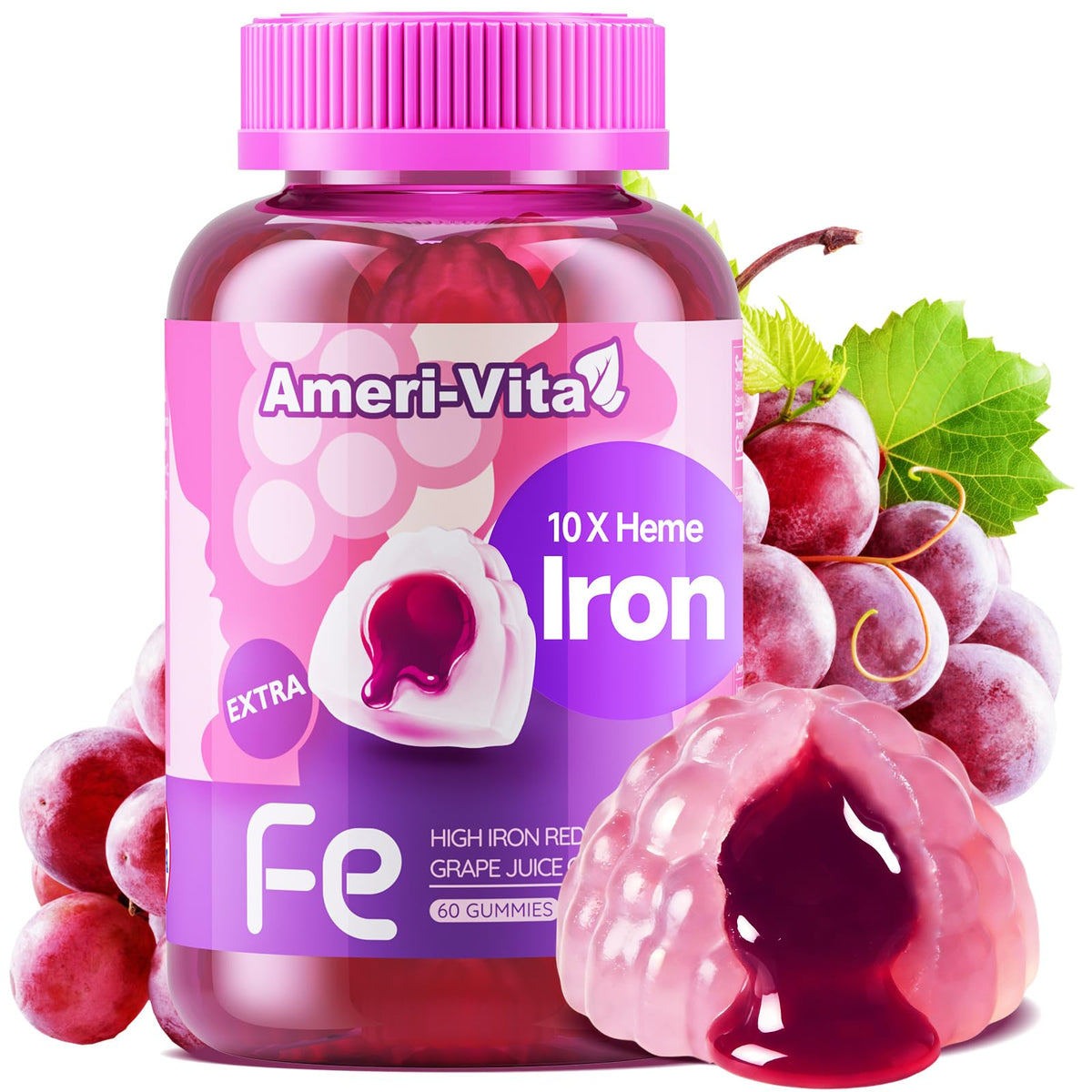 Ameri-Vita Iron Gummies grape bottle shows tasty daily iron support.