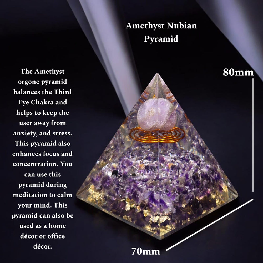 Amethyst Crystal Orgone Pyramid copper spiral showcases purple and gold accents for elegant decor.