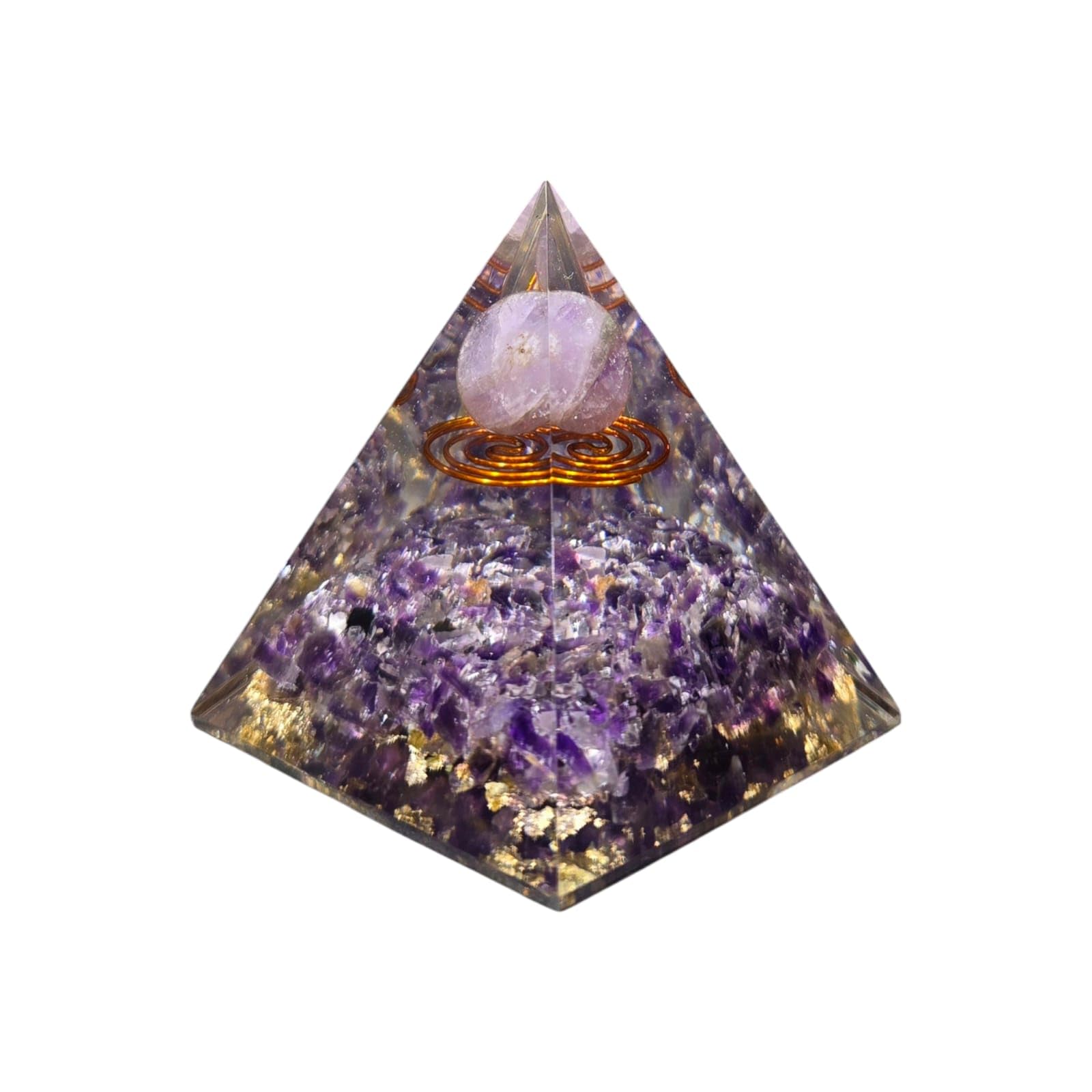 Amethyst Crystal Orgone Pyramid with Sphere apex promotes meditation focus and decorative charm.