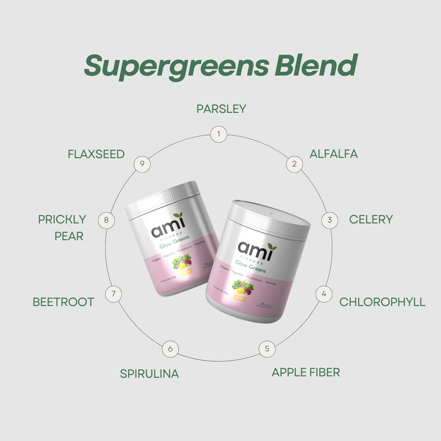 Ami Fitness Glow Greens glass with mango drink ready to sip.