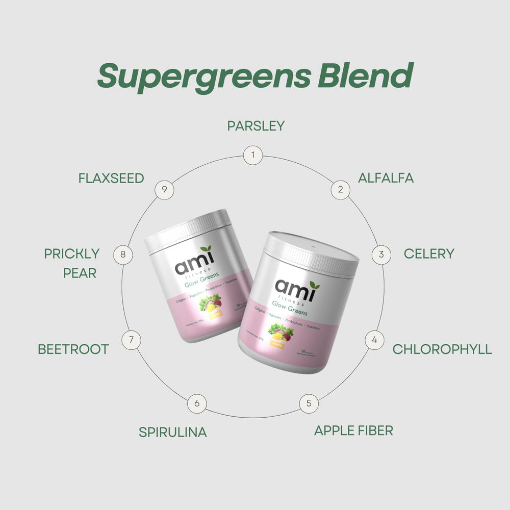 Ami Fitness Glow Greens glass with mango drink ready to sip.