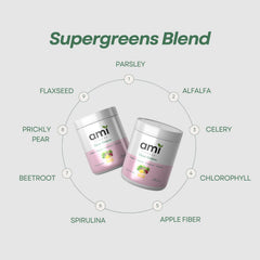 Ami Fitness Glow Greens glass with mango drink ready to sip.