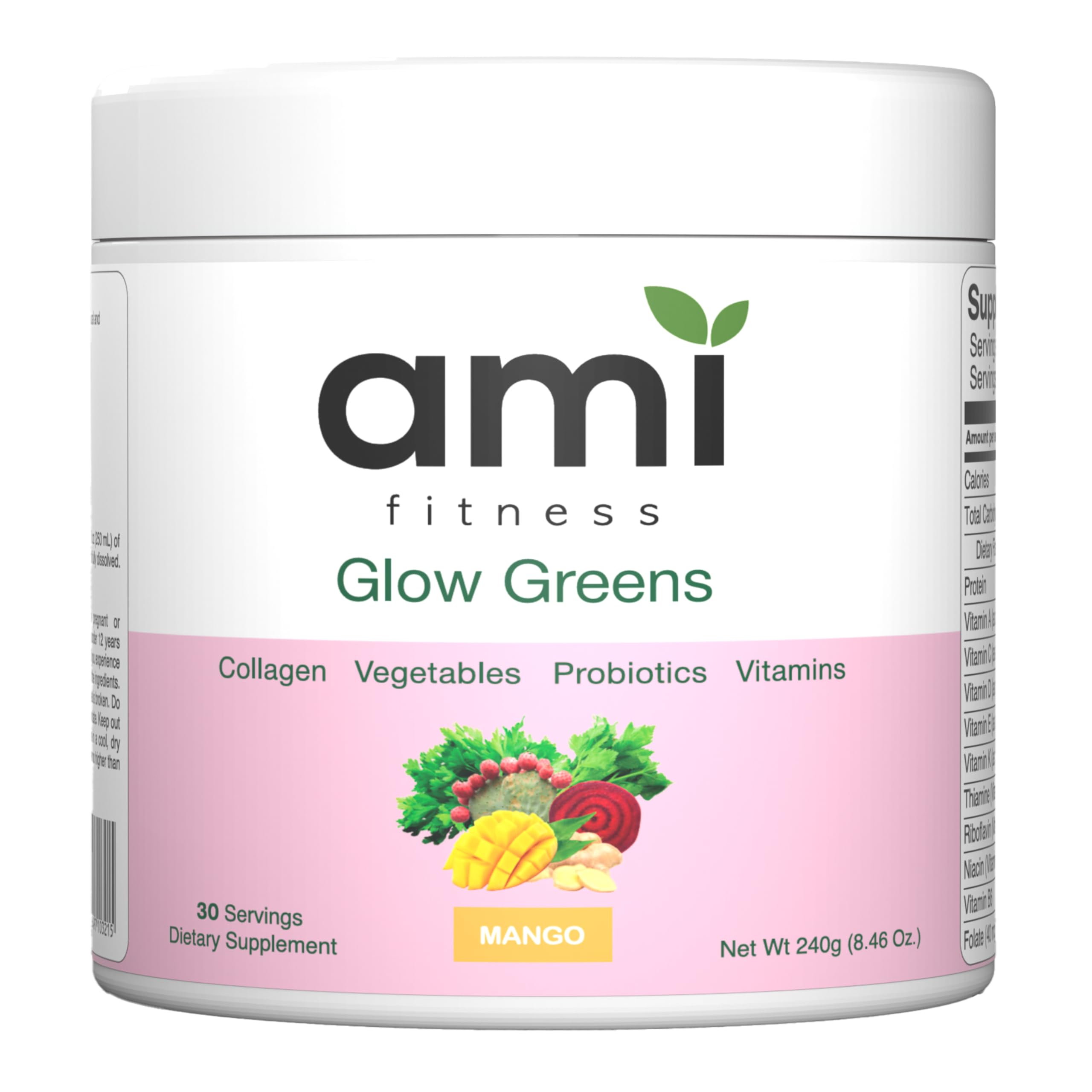 Ami Fitness Glow Greens bottle pouring, ideal for a quick morning routine.