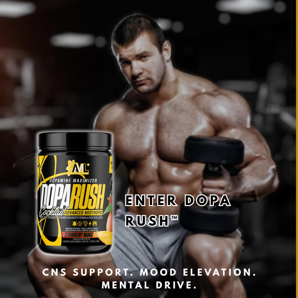 AML Dopa Rush morning routine setup with glass promotes ready-to-focus moments.