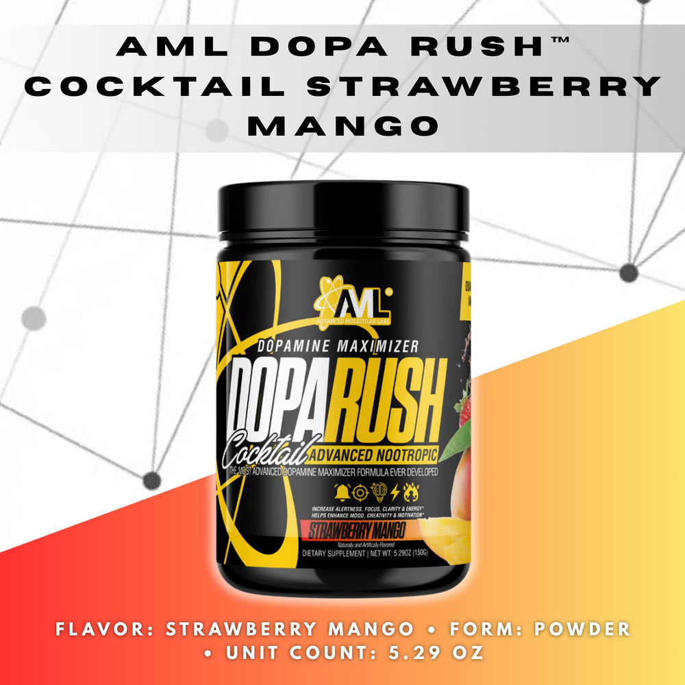 AML Dopa Rush powder in glass supports alertness and focus without added sugar.