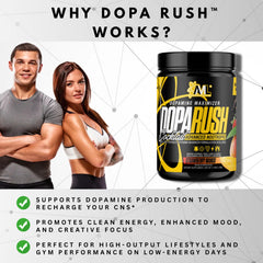 AML Dopa Rush label close-up highlights strawberry mango flavor and ingredients.