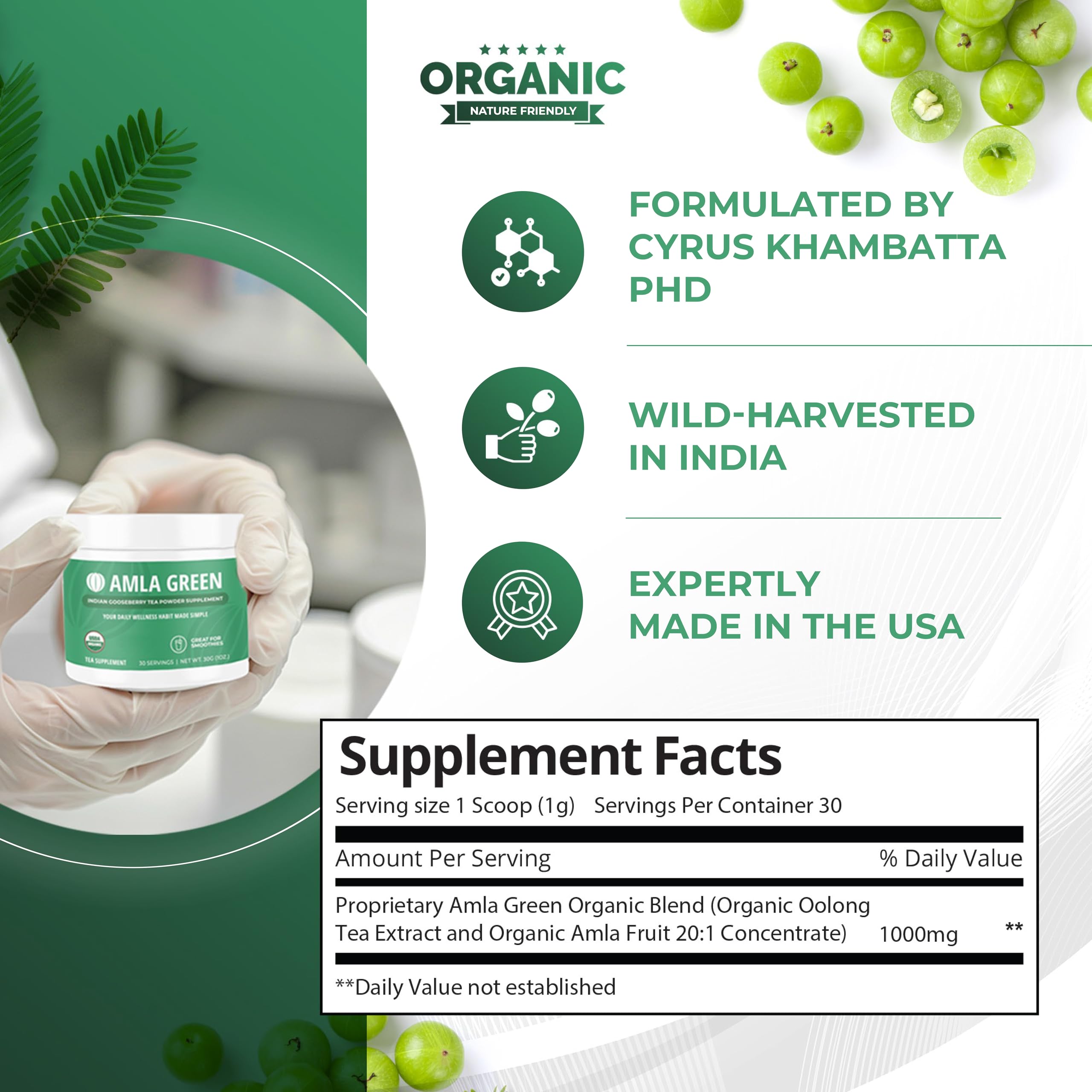 Amla Green bottle closeup highlighting the 20x concentrated formula for potency.