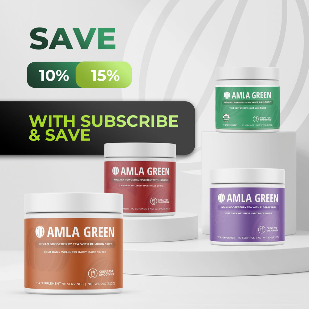 Amla Green bottle with scoop shows convenient daily serving