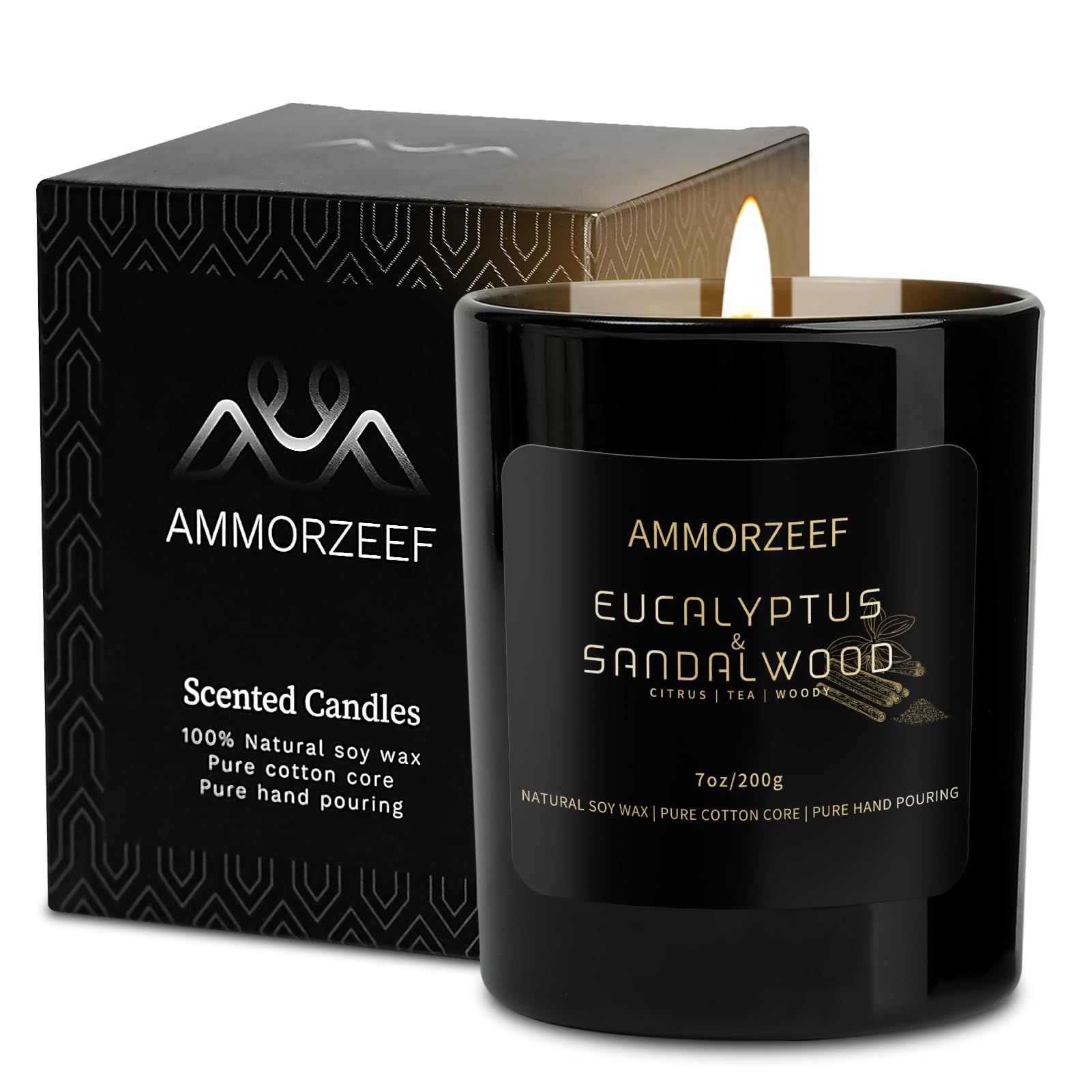AMMORZEEF Sleep Sandalwood Candle in a black jar creates a calm, minimalist ambiance.