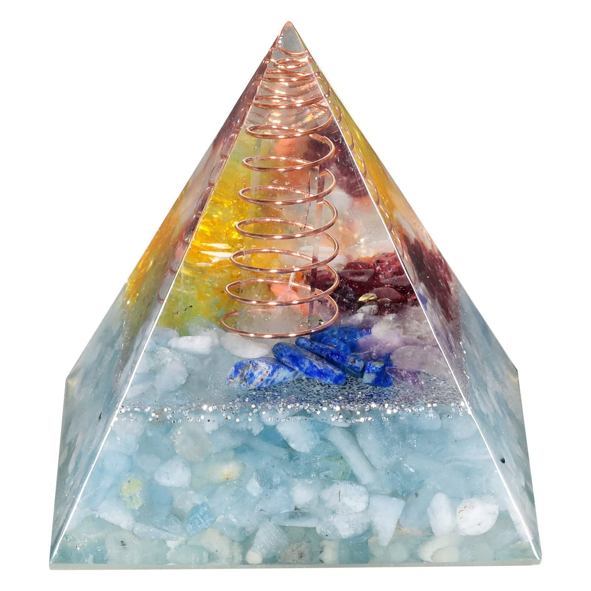 Amogeeli copper coil aquamarine pyramid closeup for energy balance and meditation
