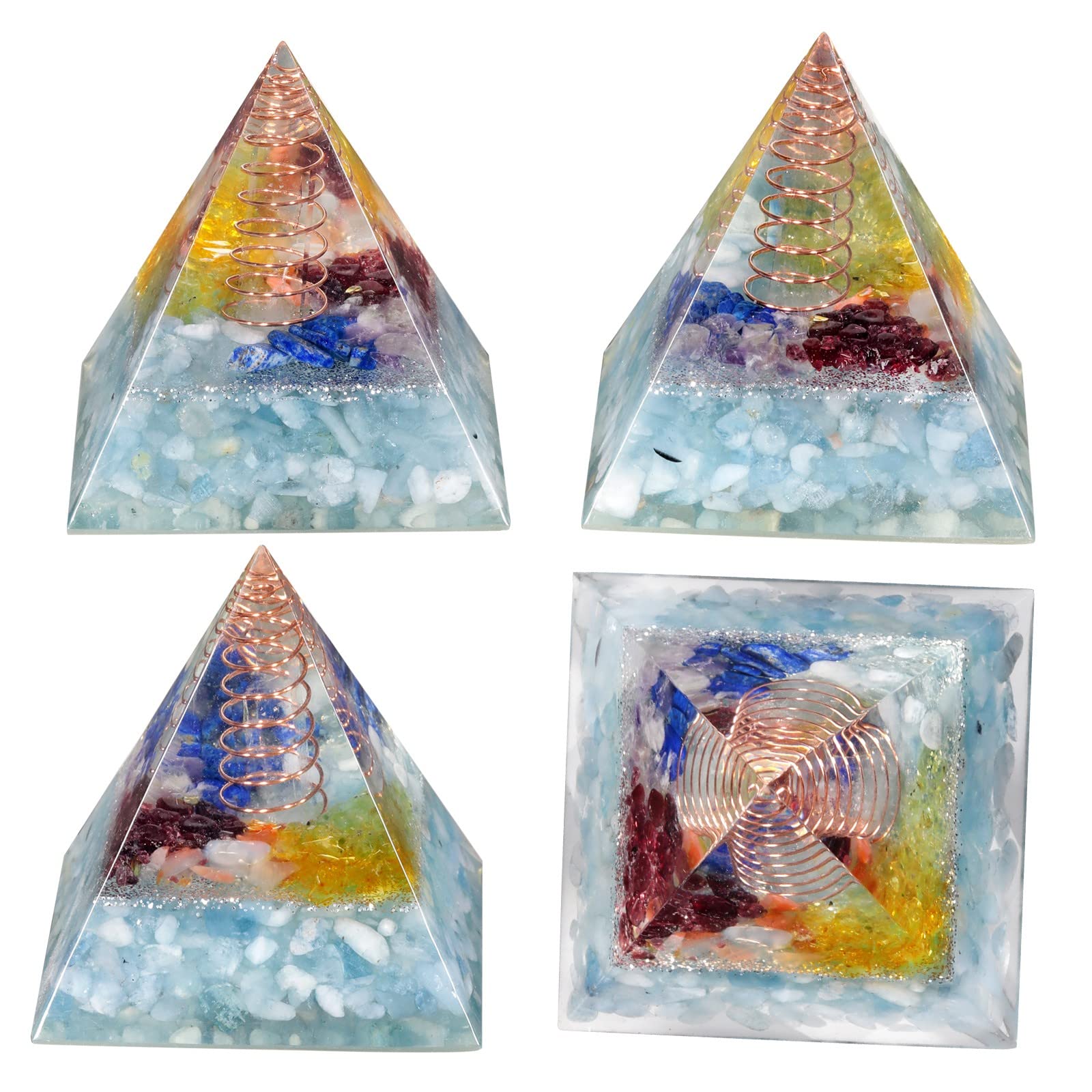 Amogeeli copper coil wires inside aquamarine pyramid detail for focus during Reiki