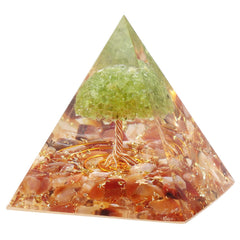 Amogeeli Orgone Pyramid shows copper Tree of Life rising from stones for balanced focus.