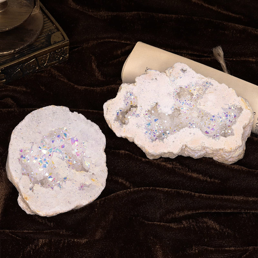 Amogeeli crystal geode cluster displayed on a desk for decorative appeal.