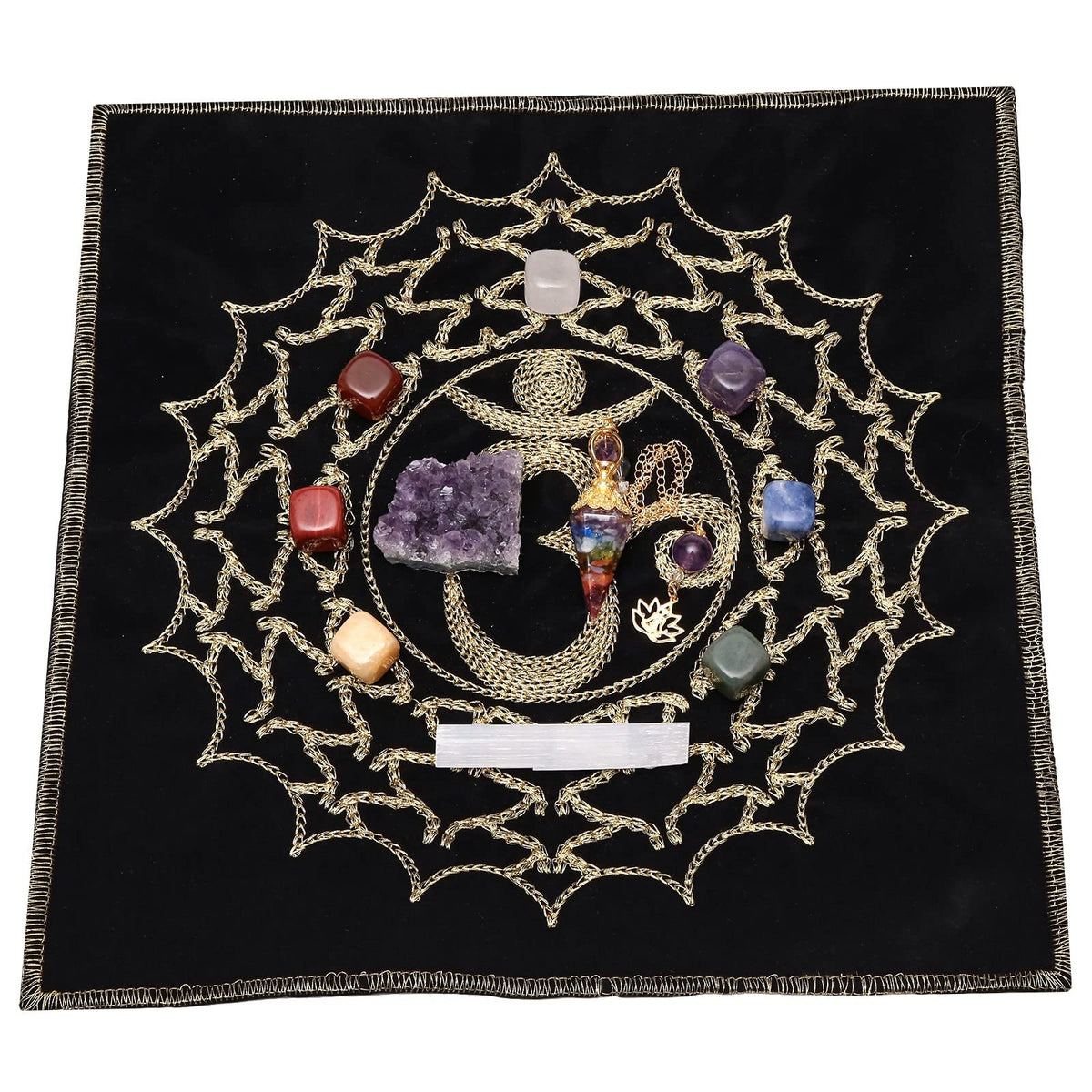 Amogeeli Healing Crystal Set with crown chakra tapestry for meditation and mindful decor