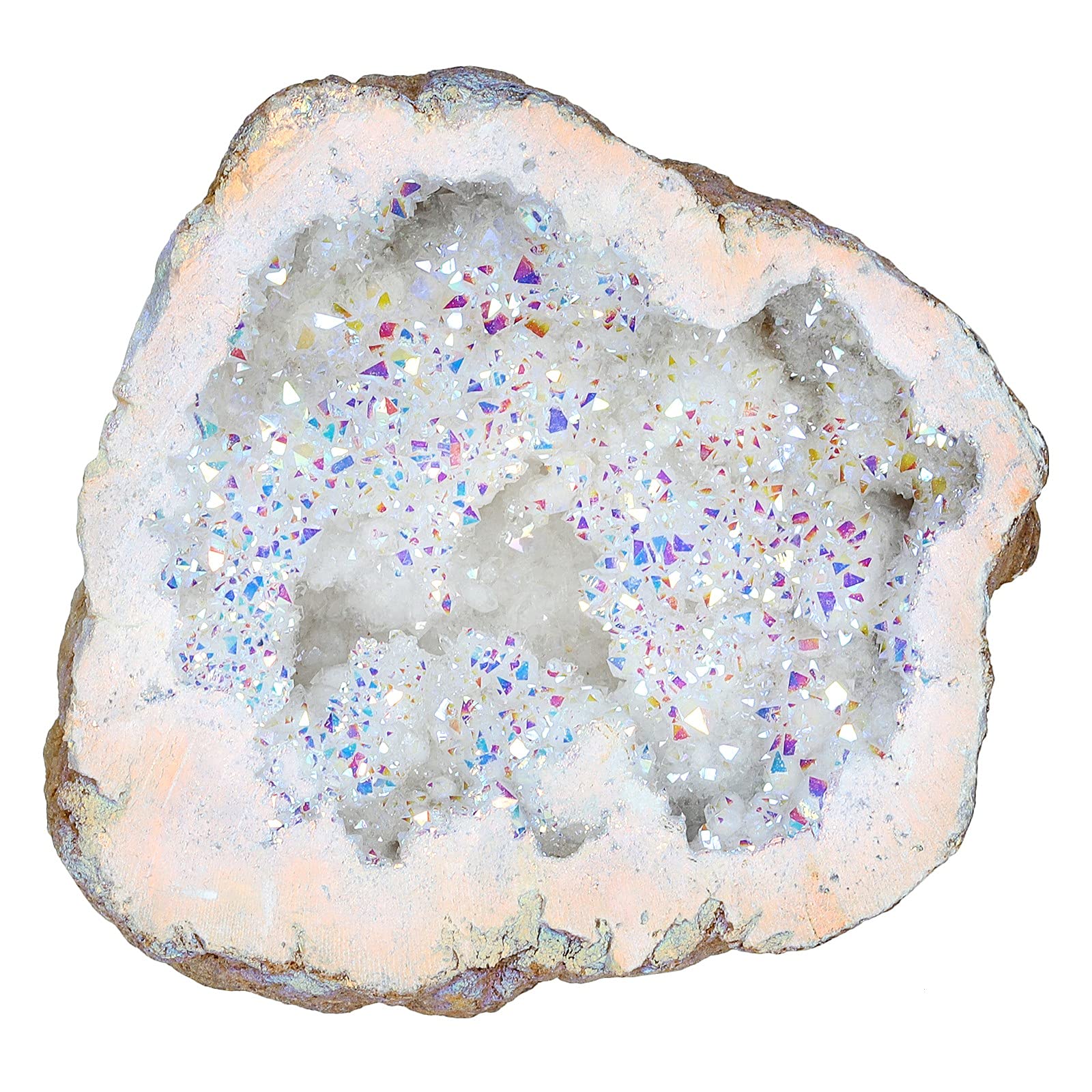 Amogeeli irregular titanium-coated crystal geode cluster on desk for calm ambiance.
