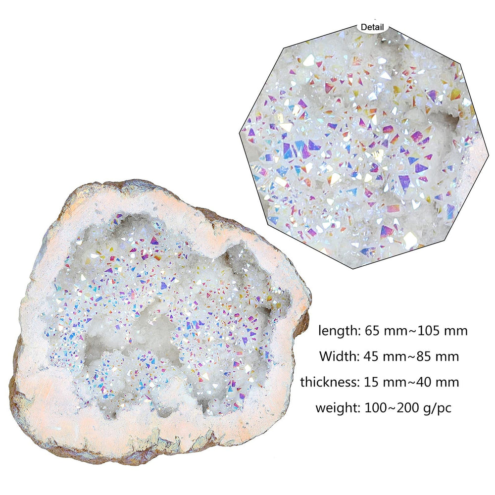 Amogeeli titanium-coated geode closeup highlighting vibrant color reflections.