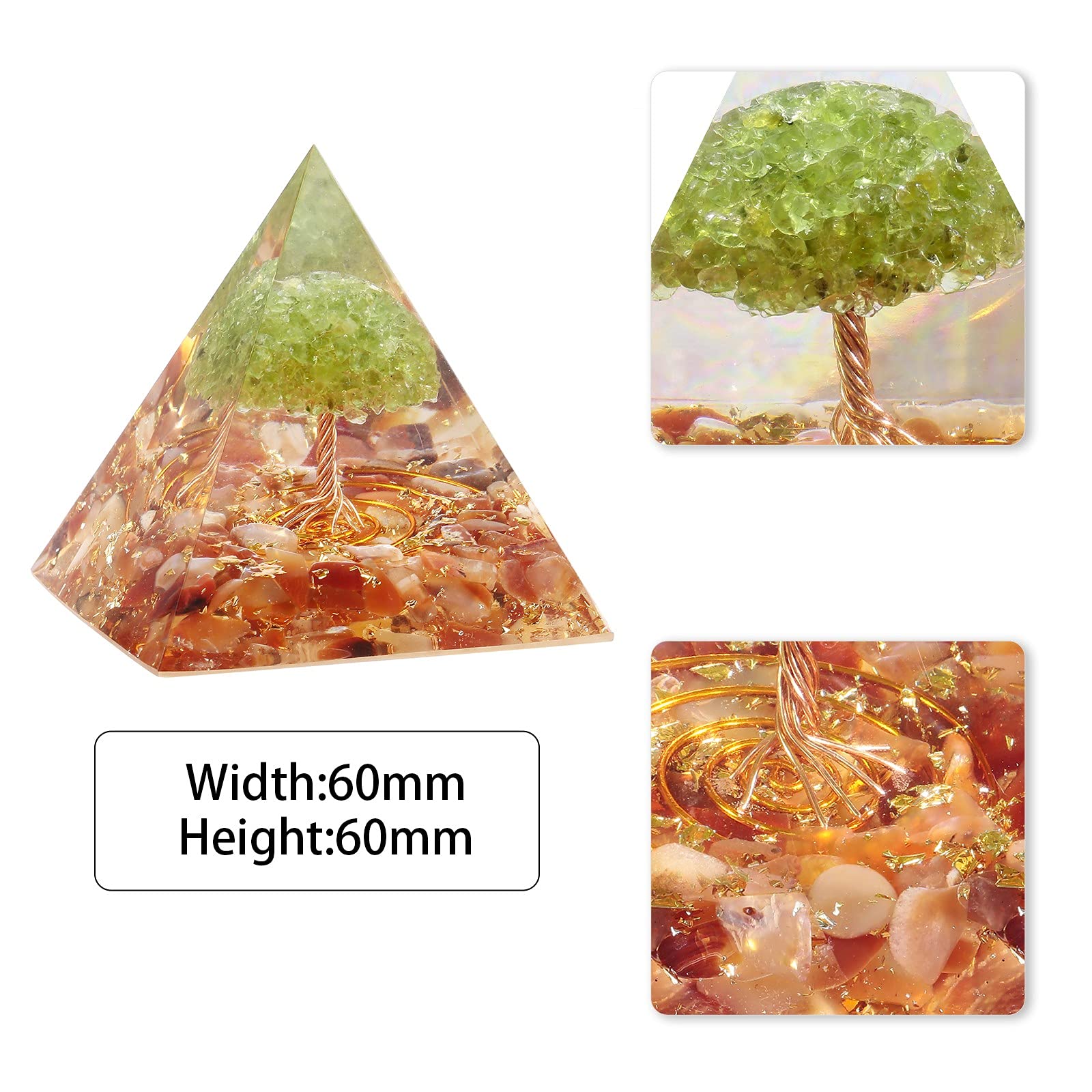 Amogeeli pyramid features peridot leaf for vibrant energy balance on your shelf.