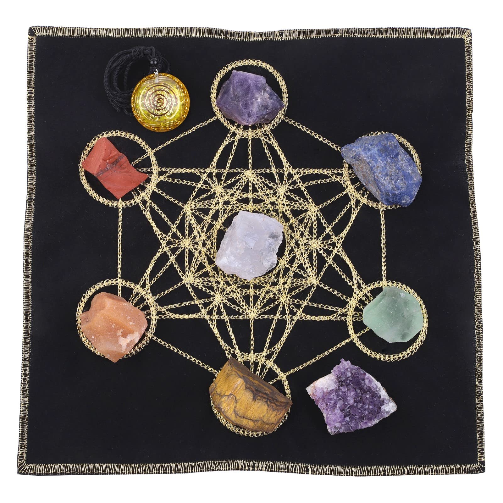 Amogeeli seven chakra stones aligned to support chakra flow and calm ambiance.