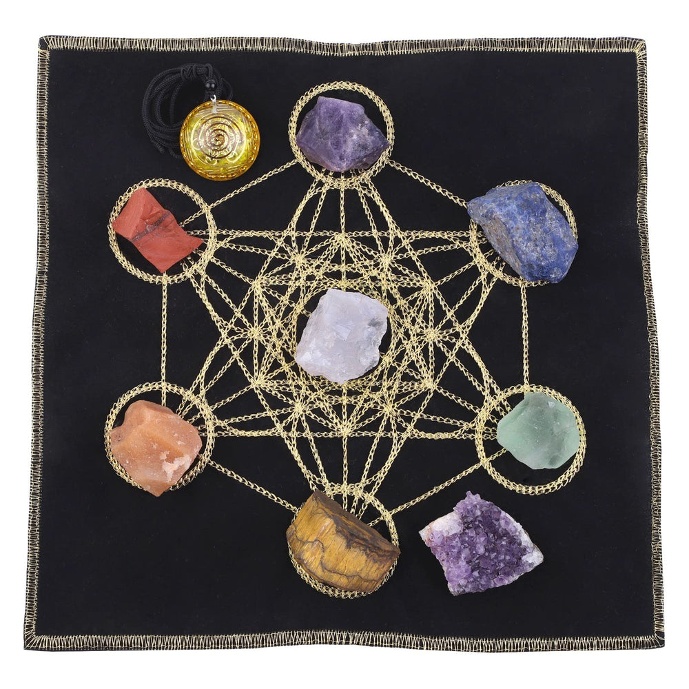 Amogeeli seven chakra stones aligned to support chakra flow and calm ambiance.