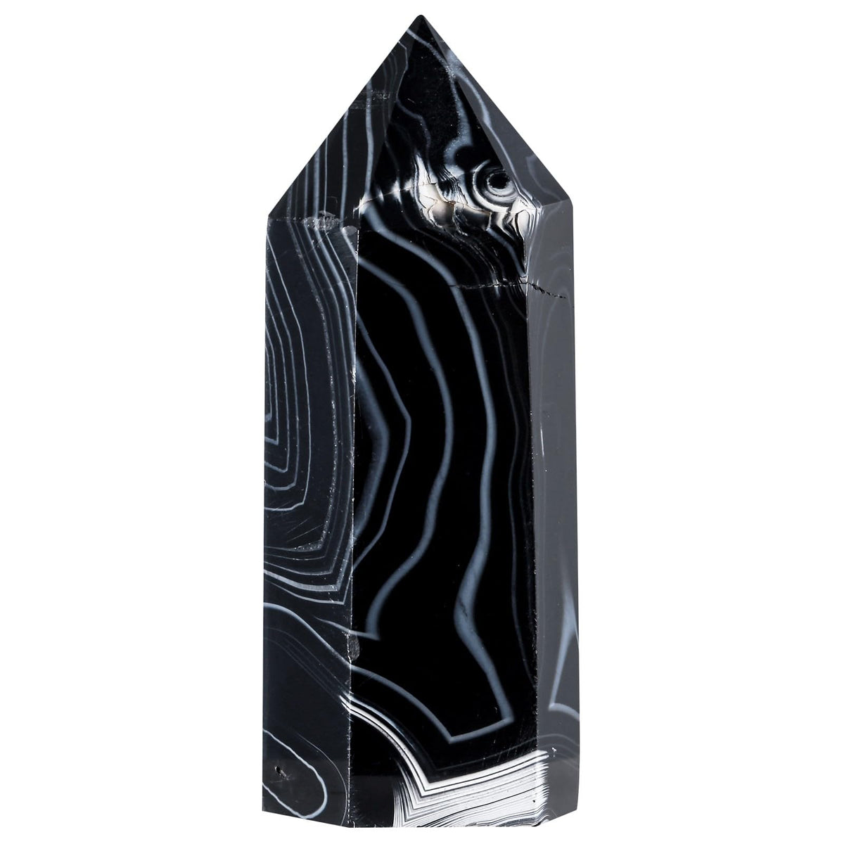 Amogeeli striped black agate crystal points tower enhances decor with calming energy.