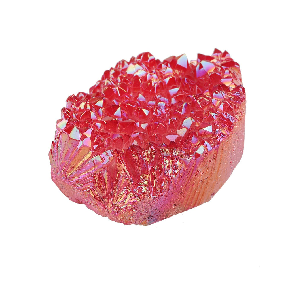 Amogeeli titanium-coated crystal cluster shows color shifts for dynamic decor.