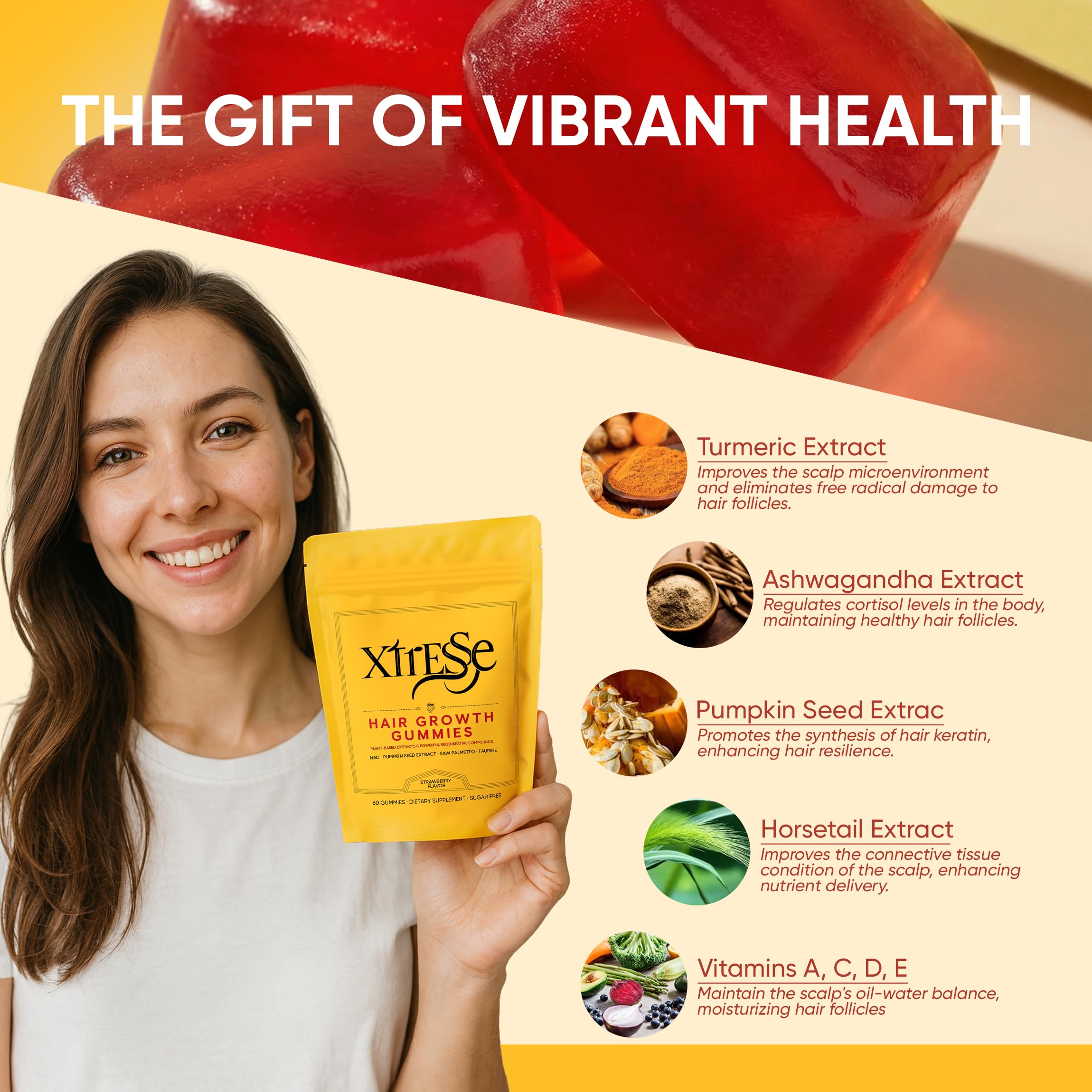 AMOQUCT Xtresse gummies label ingredients; vegan and gluten-free formula.