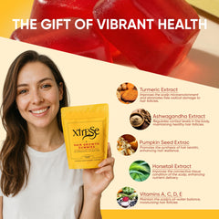 AMOQUCT Xtresse gummies label ingredients; vegan and gluten-free formula.