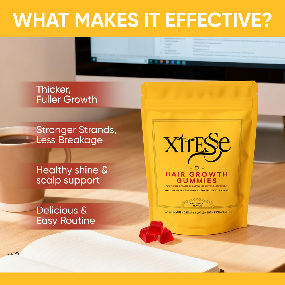 AMOQUCT Xtresse gummies packaging on desk; clear daily-use packaging for routine adoption.